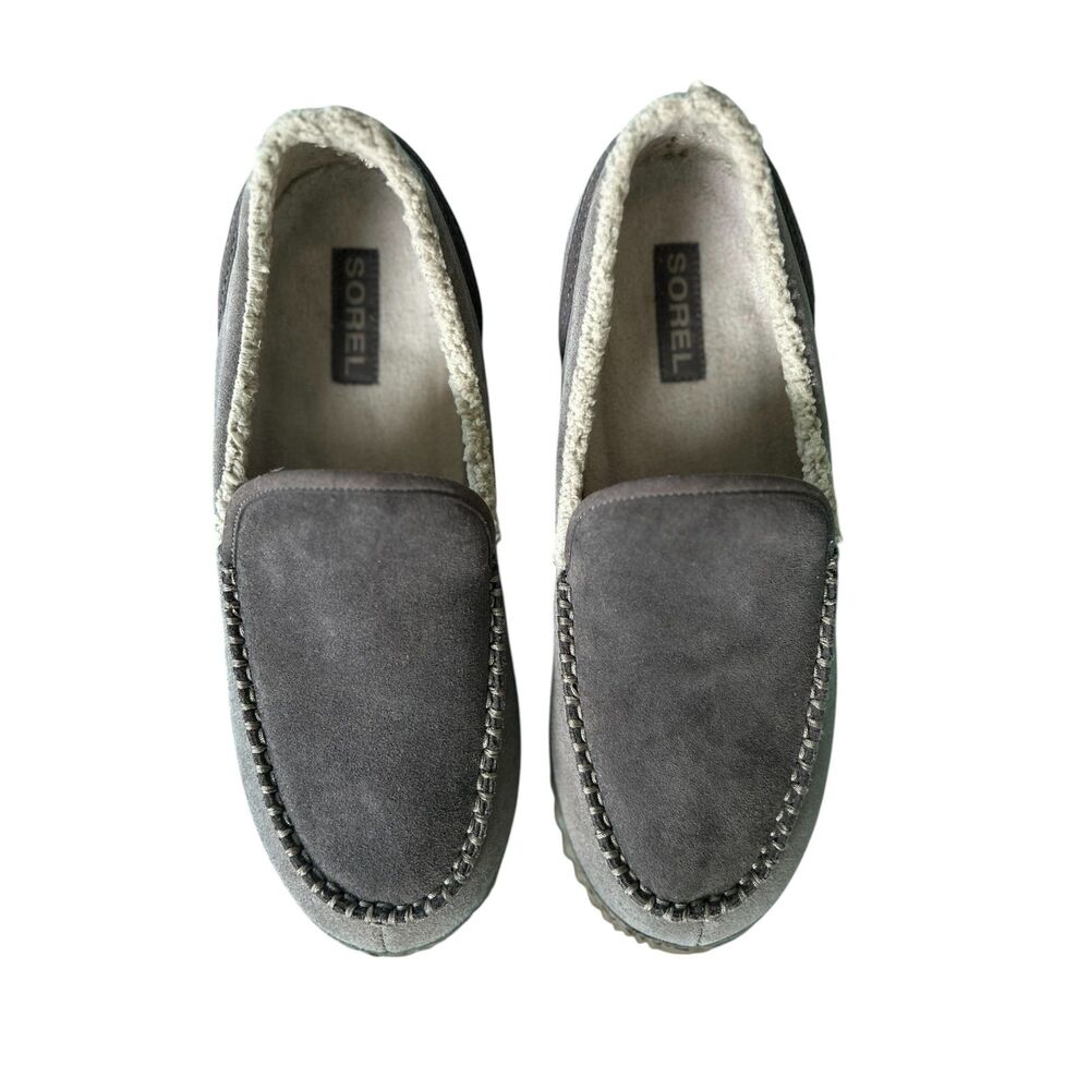 Sorel Men’s Suede Slip On Slippers Faux Fur Lined Gray Size 10 Comfort Loafer